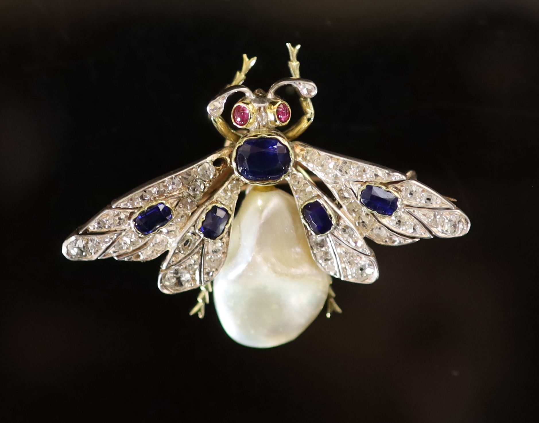 A Victorian gold, sapphire, rose diamond and freshwater pearl 'bee' brooch with ruby eyes